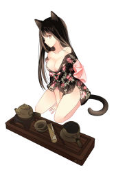 Rule 34 | 1girl, animal ears, bad id, bad pixiv id, between legs, black hair, black kimono, bowl, breasts, cat ears, cat girl, cat tail, cleavage, collarbone, floral print, hand between legs, japanese clothes, kimono, kneeling, large breasts, long hair, looking at viewer, original, short kimono, simple background, sitting, solo, tail, teapot, thighs, white background, zhenming