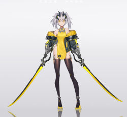 Rule 34 | 1girl, absurdres, ahoge, android, armpit peek, black jacket, black thighhighs, breasts, closed mouth, dress, dual wielding, full body, gradient background, grey background, hair between eyes, headpiece, highres, holding, icy02, jacket, katana, looking at viewer, mecha musume, mechanical arms, medium hair, no panties, off shoulder, original, pelvic curtain, reflection, science fiction, side slit, silver hair, simple background, single mechanical arm, sleeveless, sleeveless dress, small breasts, solo, standing, sword, thighhighs, twintails, weapon, yellow dress, yellow eyes