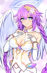 Rule 34 | 1girl, airisubaka, angel wings, bare shoulders, blue eyes, braid, breasts, choujigen game neptune, cleavage, closed mouth, cowboy shot, elbow gloves, flower, four goddesses online: cyber dimension neptune, gloves, hair flower, hair ornament, halo, jewelry, large breasts, long hair, looking at viewer, neptune (neptunia), neptune (series), power symbol, power symbol-shaped pupils, purple hair, purple heart (neptunia), smile, solo, symbol-shaped pupils, thigh gap, thighhighs, twin braids, very long hair, white thighhighs, wings
