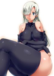 Rule 34 | 10s, 1girl, bare shoulders, blue eyes, breasts, covered collarbone, covered erect nipples, crossed legs, detached sleeves, earrings, elizabeth liones, hair over one eye, halterneck, jewelry, large breasts, legs together, leotard, light smile, long hair, nanatsu no taizai, no bra, outline, simple background, single earring, sitting, skindentation, solo, thick thighs, thighs, white background, white hair, yac (mokkori)