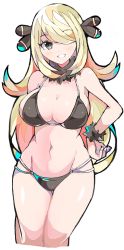 Rule 34 | 1girl, :d, arm behind back, bare arms, bare shoulders, bikini, black bikini, black eyes, blonde hair, blush, breasts, cleavage, creatures (company), cropped legs, cynthia (pokemon), enpe, fur bracelet, fur collar, game freak, hair ornament, hair over one eye, hand on own hip, highres, large breasts, long hair, looking at viewer, navel, nintendo, open mouth, pokemon, pokemon dppt, simple background, smile, solo, stomach, swimsuit, thigh gap, very long hair, white background