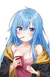 Rule 34 | 1girl, absurdres, armpit crease, black jacket, blue eyes, blue hair, blush, box, breasts, cleavage, collarbone, elie wayne, food in mouth, highres, holding, holding box, jacket, jan azure, large breasts, long hair, long sleeves, looking at viewer, off shoulder, original, pink tank top, pocky, pocky in mouth, sidelocks, simple background, solo, strap slip, tank top, upper body, white background