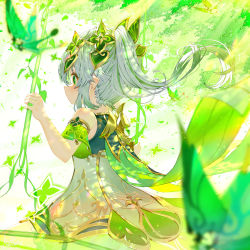 Rule 34 | 1girl, blurry, cape, commentary request, crystalfly (genshin impact), depth of field, detached sleeves, dress, from behind, genshin impact, gradient hair, green cape, green eyes, green hair, hair between eyes, hair ornament, highres, holding, kiramarukou, long hair, looking away, looking back, multicolored hair, nahida (genshin impact), nape, pointy ears, short sleeves, side ponytail, sidelocks, solo, swing, symbol-shaped pupils, white dress, white hair, wind