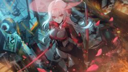 Rule 34 | 1girl, black bodysuit, bodysuit, breasts, c.honey, closed mouth, dual wielding, from above, goddess of victory: nikke, highres, holding, holding sword, holding weapon, katana, large breasts, long hair, looking at viewer, looking up, red eyes, scarlet (black shadow) (nikke), scarlet (nikke), solo, standing, sword, weapon, white hair