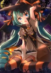 Rule 34 | 1girl, arm up, between legs, blue eyes, blush, fang, frills, green hair, halloween, hand between legs, hat, hatsune miku, head tilt, highres, jack-o&#039;-lantern, jimmy madomagi, long hair, looking at viewer, night, open mouth, sitting, solo, striped clothes, striped legwear, striped thighhighs, thighhighs, twintails, very long hair, vocaloid, wariza, witch hat