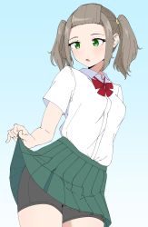 Rule 34 | 1girl, absurdres, arms behind back, bike shorts, bike shorts under skirt, bow, bowtie, closed mouth, clothes lift, collared shirt, cropped legs, green eyes, green skirt, hairband, highres, kamidan, pleated skirt, pulled by self, red bow, red bowtie, shania (xenoblade), shirt, skirt, skirt lift, twintails, white shirt, xenoblade chronicles (series), xenoblade chronicles 3