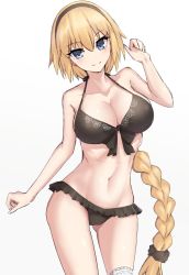 Rule 34 | 1girl, bare shoulders, bikini, black bikini, blonde hair, blue eyes, blush, braid, braided ponytail, breasts, cleavage, collarbone, elfenlied22, fate/grand order, fate (series), hairband, jeanne d&#039;arc (fate), jeanne d&#039;arc (ruler) (fate), jeanne d&#039;arc (swimsuit archer) (fate), jeanne d&#039;arc (swimsuit archer) (first ascension) (fate), large breasts, long hair, looking at viewer, navel, simple background, smile, solo, swimsuit, thighs, very long hair, white background