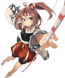 Rule 34 | 10s, 1girl, bad id, bad pixiv id, blush, bow (weapon), brown eyes, brown hair, hachimaki, hair ribbon, headband, ika, japanese clothes, kantai collection, light brown hair, looking at viewer, muneate, personification, ponytail, ribbon, sandals, smile, solo, weapon, zuihou (kancolle)