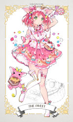Rule 34 | 1girl, animal ears, armband, back bow, bag, boots, border, bow, bowtie, cake, candy, character name, creature, cube, eating, english text, food, food print, food themed bag, fruit, full body, gloves, green eyes, grey border, hair bow, hand on own ear, heart, highres, holding, holding wand, knees together feet apart, kurosawa ruby, lace trim, lollipop, love live!, love live! school idol festival, love live! sunshine!!, one eye closed, pink bow, pink bowtie, pink ribbon, pink skirt, pinky out, polka dot, polka dot bow, print skirt, qianqian, red hair, ribbon, sash, shoulder bag, single boot, single thigh boot, skirt, solo, standing, standing on one leg, strawberry, thigh boots, thigh strap, thighhighs, two side up, wand, white footwear, yellow bow