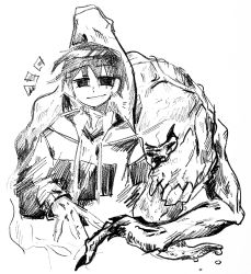 Rule 34 | 1boy, bad id, bad twitter id, closed mouth, dripping, eieii ll, eyes visible through hair, fingernails, greyscale, hatching (texture), highres, hood, hood down, hoodie, long fingernails, monochrome, monster, original, saliva, sharp fingernails, simple background, sketch, sleeves past wrists, smile, teeth, tongue, tongue out, traditional media, upper body, veins, white background