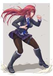 Rule 34 | 1girl, ahoge, blue eyes, boots, breasts, cross, cross-laced footwear, cross necklace, fighting stance, hair ribbon, highres, jewelry, knee boots, kunai, lace-up boots, left-handed, long hair, medium breasts, necklace, necktie, original, pantyhose, red hair, reverse grip, ribbon, school uniform, skirt, solo, standing, thigh strap, thighband pantyhose, toriatto gununu, weapon