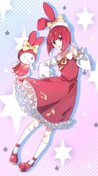Rule 34 | 1girl, absurdres, animal, animal ears, arima kana, beret, bob cut, commentary, dress, drop shadow, full body, hat, highres, index finger raised, inverted bob, looking at viewer, my melody, one eye closed, onegai my melody, open mouth, oshi no ko, rabbit ears, red dress, red eyes, red footwear, red hair, ribbon, sanrio, short hair, shuoruoranxing, smile, socks, star (symbol), white socks, yellow ribbon
