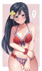 Rule 34 | 1girl, :t, bare arms, bare shoulders, bikini, black hair, blunt bangs, blunt ends, blush, border, bow, bow bikini, breasts, cleavage, closed mouth, collarbone, commentary request, cowboy shot, flower, front-tie bikini top, front-tie top, gluteal fold, grey eyes, hair flower, hair ornament, halterneck, hand on own arm, large breasts, long hair, looking at viewer, love live!, love live! nijigasaki high school idol club, mismatched bikini, outside border, pink background, pink flower, pout, red bikini, red bow, red scrunchie, reminiscence202, scrunchie, solo, standing, striped bikini, striped clothes, swimsuit, translation request, v-shaped eyebrows, very long hair, white border, wrist scrunchie, yellow flower, yuki setsuna (love live!)