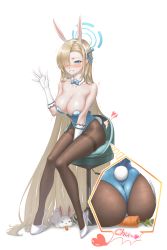 Rule 34 | 1girl, absurdres, animal ears, ass, asuna (blue archive), bare shoulders, blonde hair, blue archive, blue bow, blue bowtie, blue eyes, blush, bow, bowtie, breasts, brown pantyhose, carrot, chair, cleavage, collarbone, commission, detached collar, fake animal ears, fake tail, full body, gloves, grin, groin, hair over one eye, halo, hand up, heart, high heels, highres, large breasts, leotard, long hair, looking at viewer, nomalman, nose blush, pantyhose, playboy bunny, rabbit, rabbit ears, rabbit tail, second-party source, simple background, sitting, smile, solo, tail, thighband pantyhose, very long hair, white background, white footwear, white gloves