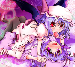 Rule 34 | 2girls, bat wings, black legwear, blue hair, blush, bow, breasts, crescent, dress, female focus, flower, food, fruit, hat, long hair, looking at viewer, multiple girls, nagii yuki, open mouth, patchouli knowledge, purple eyes, purple hair, red eyes, remilia scarlet, rose, short hair, small breasts, soulhunter en, strawberry, embodiment of scarlet devil, thighhighs, touhou, wings