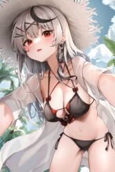 Rule 34 | 1girl, absurdres, bikini, black bikini, black hair, blush, braid, breasts, cleavage, cloud, collarbone, covered erect nipples, day, ear piercing, from below, grey hair, hair ornament, hairpin, hat, highres, hololive, large breasts, long hair, looking at viewer, medium breasts, multicolored hair, navel, open clothes, open mouth, open shirt, outdoors, palm tree, piercing, red eyes, sakamata chloe, scarlet (wv0102), shirt, short sleeves, side-tie bikini bottom, side braid, solo, stomach, straw hat, streaked hair, swimsuit, teeth, tree, upper teeth only, virtual youtuber, white shirt, x hair ornament