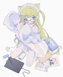 Rule 34 | 1girl, animal ear fluff, animal ears, bandaid, bandaid on leg, black-framed eyewear, blonde hair, blue eyes, blue shirt, cable, cat ears, cat girl, cat tail, cellphone, cuts, daizu (melon-lemon), dakimakura (object), drawing tablet, extra ears, full body, gingham, gingham shirt, glasses, highres, holding, holding pillow, injury, long hair, long sleeves, looking at viewer, maid headdress, hugging object, off shoulder, original, parted lips, phone, pillow, pillow hug, rectangular eyewear, remote control vibrator, self-harm, sex toy, shirt, simple background, single thighhigh, sitting, sleeves past wrists, smartphone, solo, spaghetti strap, tail, thighhighs, tissue box, unmoving pattern, used tissue, very long hair, vibrator, vibrator cord, white background, white shirt, white thighhighs