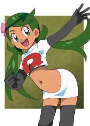 Rule 34 | 1girl, alternate costume, cosplay, creatures (company), dark skin, elbow gloves, flower, flower on head, game freak, gloves, green eyes, green hair, hainchu, hair flower, hair ornament, mallow (pokemon), midriff, miniskirt, navel, nintendo, pokemon, pokemon (anime), pokemon sm, pokemon sm (anime), skirt, team rocket, team rocket (cosplay), twintails