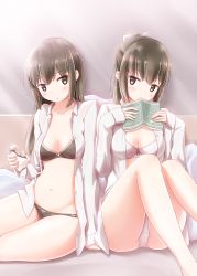 Rule 34 | 2girls, bed, black bra, black panties, blush, book, book to mouth, bow, bra, breasts, brown eyes, brown hair, cleavage, doughnut, eating, food, hair bow, highres, kamakama (kdmorh kamakama), legs up, long hair, looking at another, looking at viewer, medium breasts, multiple girls, navel, open clothes, open shirt, original, panties, ponytail, shirt, sideways glance, sitting, thighs, unbuttoned, unbuttoned shirt, underwear, white bow, white bra, white panties, white shirt, yuri