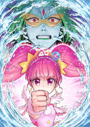 Rule 34 | 1boy, 1girl, ahoge, angry, aura, blue skin, blunt bangs, clenched hands, clenched teeth, colored skin, covering own mouth, cure star, dress, earrings, face, facial mark, forehead mark, foreshortening, glasses, glowing, green hair, green lips, hair ornament, hairband, highres, hoop earrings, hoshina hikaru, itou shin&#039;ichi, jewelry, kappard (precure), pendant, pince-nez, pink dress, pink eyes, pink hair, planet hair ornament, pointy ears, precure, punching, red eyes, sleeveless, sleeveless dress, sparkle, star (symbol), star hair ornament, star twinkle precure, sunglasses, teeth, twintails, v-shaped eyebrows, water, wrist cuffs