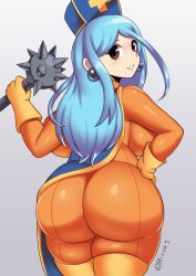 Rule 34 | 1girl, :3, ass, backboob, blue hair, breasts, curvy, dragon quest, dragon quest iii, earrings, from behind, gloves, grey background, hand on own hip, hat, highres, holding, holding weapon, huge ass, huge breasts, jewelry, long hair, looking at viewer, looking back, mace, priest (dq3), red eyes, rivyk, skin tight, smile, solo, thick thighs, thighhighs, thighs, weapon, wide hips, yellow gloves, yellow thighhighs