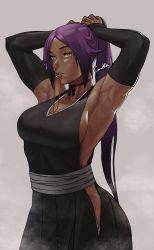 Rule 34 | 1girl, alternate hair length, alternate hairstyle, armpits, arms behind head, bleach, breasts, choker, commentary, dark-skinned female, dark skin, detached sleeves, english commentary, gud0c, highres, large breasts, long hair, mouth hold, muscular, muscular female, ribbon, ribbon in mouth, shihouin yoruichi, sideboob, solo, sweat, tying hair