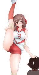 Rule 34 | 2girls, blush, breasts, brown eyes, brown hair, commentary request, elbow pads, facing away, from behind, frown, girls und panzer, gym shirt, hand on another&#039;s head, headband, height difference, highres, hugging own legs, isobe noriko, knee pads, kondou taeko, large breasts, leg up, legs, looking at viewer, medium hair, multiple girls, open mouth, partial commentary, red headband, red legwear, red shirt, red shorts, shirt, shoes, short hair, short shorts, shorts, single vertical stripe, sleeveless, sleeveless shirt, sneakers, socks, split, sportswear, standing, standing on one leg, standing split, sweatdrop, twitter username, volleyball uniform, white footwear, yts takana
