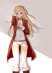 Rule 34 | 1girl, alternate costume, blonde hair, blush, boots, braid, caeruleus, cape, coat, crown braid, fur-trimmed boots, fur-trimmed coat, fur trim, hand on own head, highres, jewelry, long coat, long hair, looking at viewer, open clothes, open coat, red coat, ribbed sweater, richelieu (warship girls r), ring, short shorts, shorts, simple background, smile, solo, standing, sweater, swept bangs, thighhighs, turtleneck, warship girls r, wedding band, white shorts, white thighhighs