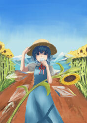 Rule 34 | 1girl, absurdres, blue sky, cirno, flower, food, food in mouth, hat, highres, holding, holding food, holding ice cream, ice, ice block, ice cream, ice wings, plant, shaded face, shadow, shinkopeishon, sky, solo, straw hat, summer, sunflower, sunlight, touhou, wings