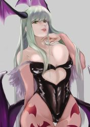 Rule 34 | 1girl, absurdres, animal print, bare shoulders, bat print, bat wings, black leotard, breasts, clothing cutout, commentary request, demon girl, fingernails, fur trim, green eyes, green hair, grey background, hanazawa (seavolt), head wings, heart cutout, highleg, highleg leotard, highres, large breasts, leotard, lips, long hair, looking at viewer, low wings, morrigan aensland, pantyhose, parted lips, simple background, skin tight, smile, solo, strapless, strapless leotard, vampire (game), wings