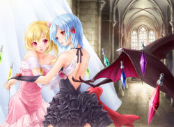 Rule 34 | 2girls, alternate costume, alternate wings, bare back, bare shoulders, bat wings, blonde hair, blue hair, bow, collarbone, colored eyelashes, crystal, dress, elbow gloves, eyelashes, female focus, flandre scarlet, floating, flower, formal, gloves, hair bow, hair ornament, jewelry, lips, lipstick, low wings, makeup, multiple girls, necklace, no headwear, no headwear, aged up, pink flower, pink rose, red eyes, red flower, red rose, remilia scarlet, rose, shiki takuto, short hair, siblings, sisters, touhou, white gloves, wings