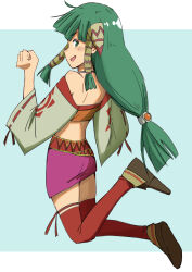 Rule 34 | 1girl, absurdres, feena (grandia), full body, grandia, grandia i, green eyes, green hair, hair ornament, hair tubes, haldeco, highres, jewelry, long hair, looking at viewer, low-tied long hair, midriff, open mouth, simple background, skirt, smile, solo, thighhighs, wide sleeves