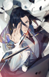 Rule 34 | 1boy, bean mr12, black eyes, black hair, chinese clothes, chromatic aberration, hair over one eye, hand up, highres, long hair, rope, serious, signature, solo, sparks, luo xiaohei zhanji, wuxian (the legend of luoxiaohei)