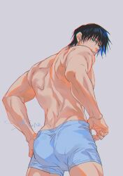 Rule 34 | 1boy, ass, ass focus, back, black hair, blue eyes, blue male underwear, bulge, from behind, fushiguro touji, hair between eyes, highres, holding, holding clothes, holding underwear, jujutsu kaisen, looking at viewer, male focus, male underwear, multicolored hair, muscular, muscular male, open mouth, sashiyu, scar, scar on face, scar on mouth, short hair, signature, simple background, solo, two-tone hair, underwear, white background