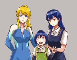 Rule 34 | 3girls, ^ ^, aged down, alternate universe, ayase eli, child, closed eyes, couple, dha315, diving suit, family, grey background, if they mated, in-franchise crossover, layered sleeves, long sleeves, love live!, love live! school idol project, love live! sunshine!!, lowres, matsuura kanan, mother and daughter, multiple girls, overalls, short over long sleeves, short sleeves, simple background, sonoda umi, v, yuri