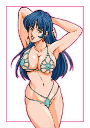 Rule 34 | 1980s (style), 1girl, armpits, arms behind head, arms up, bikini, blue hair, breasts, cameltoe, clenched teeth, covered erect nipples, cowboy shot, dirty pair, earrings, female focus, green bikini, green eyes, groin, highres, hip focus, jewelry, kugayama hodai, large breasts, legs, legs together, long hair, looking at viewer, oldschool, retro artstyle, revealing clothes, simple background, smile, solo, swimsuit, teeth, thighs, thong, white background, yuri (dirty pair)
