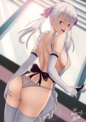 Rule 34 | 1girl, apron, ass, black clover, breasts, elbow gloves, embarrassed, gloves, hair ribbon, long hair, looking at viewer, noelle silva, open mouth, panties, purple eyes, ribbon, sideboob, silver hair, the amazing gambit, thighhighs, twintails, underwear