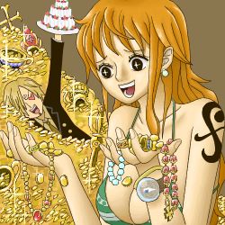 Rule 34 | + +, 1boy, 1girl, bad id, bad pixiv id, bangle, bikini, bikini top only, bracelet, breasts, cake, cleavage, coin, cross, cross necklace, crown, earrings, eyebrows, fishman island, food, formal, gem, heart, heart-shaped eyes, jewelry, kyo (pixiv2376063), large breasts, log pose, long hair, lowres, nami (one piece), necklace, necktie, one piece, orange hair, pearl (gemstone), ring, sanji (one piece), shirt, smile, suit, swimsuit, sword, tattoo, timeskip, treasure, weapon, yellow shirt