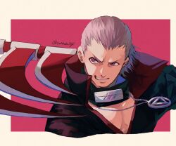 Rule 34 | 1boy, character request, grey hair, hidan (naruto), jacket, male focus, naruto (series), open clothes, purple eyes, scythe, simple background, smile, solo, unno 24, upper body, white hair