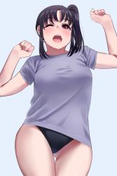 Rule 34 | 1girl, black hair, black panties, breasts, covered erect nipples, cowboy shot, fingernails, gluteal fold, grey shirt, hands up, highres, igarashi kyouhei, kazuno sarah, large breasts, looking at viewer, love live!, love live! sunshine!!, medium hair, one eye closed, one side up, open mouth, panties, purple eyes, saint snow, see-through silhouette, shirt, short sleeves, solo, stretching, thigh gap, underwear, yawning
