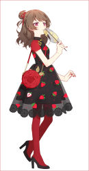 Rule 34 | 1girl, bag, black dress, black footwear, breasts, brown hair, dress, fingernails, full body, hair bun, hakusai (tiahszld), hand fan, hand up, high heels, holding, holding fan, long hair, nail polish, original, pantyhose, paper fan, red eyes, red nails, red pantyhose, see-through, shoes, short dress, short sleeves, shoulder bag, single hair bun, small breasts, solo, standing, standing on one leg, transparent, white background