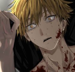 Rule 34 | 1boy, blonde hair, blood, blood on face, chainsaw man, denji (chainsaw man), disembodied hand, ku ha, looking at another, open mouth, sharp teeth, short hair, simple background, solo focus, teeth, topless, yellow eyes