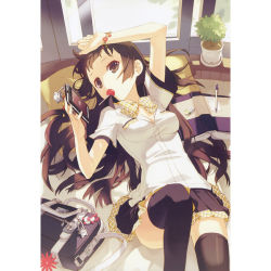 Rule 34 | 1girl, bow, bracelet, breasts, brown eyes, brown hair, candy, cellphone, eraser, food, h2so4, hand on forehead, jewelry, leg up, lollipop, long hair, lying, medium breasts, mouth hold, on back, original, phone, plant, potted plant, ribbon, school uniform, shading eyes, skirt, solo, thighhighs, tree, wavy hair, window, zettai ryouiki