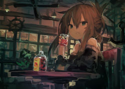 Rule 34 | 1girl, absurdres, alternate costume, alternate eye color, anchor, arm support, black shirt, brown hair, ceiling fan, chair, cup, drink, folded ponytail, green eyes, hair between eyes, hanging light, highres, holding, holding cup, inazuma (kancolle), indoors, kaamin (mariarose753), kantai collection, looking at viewer, no eyebrows, off-shoulder shirt, off shoulder, parted lips, ship&#039;s wheel, shirt, sidelocks, sitting, solo, table, window