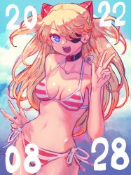 Rule 34 | 1girl, 2022, bikini, black choker, blue eyes, boyaking, breasts, choker, cleavage, cowboy shot, dated, evangelion: 3.0+1.0 thrice upon a time, eyepatch, hair ornament, hand on own hip, highres, long hair, medium breasts, navel, neon genesis evangelion, open mouth, orange hair, rebuild of evangelion, shiny skin, smile, solo, souryuu asuka langley, striped bikini, striped clothes, swimsuit, v, very long hair, wide hips