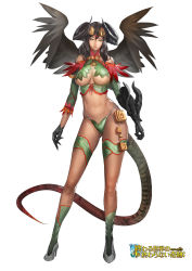 Rule 34 | 1girl, bare shoulders, black hair, black wings, breasts, circlet, claws, cleavage, contrapposto, crown, demon girl, demon tail, highres, horns, looking at viewer, midriff, monster girl, narongchai singhapand, navel, panties, serpent, smile, smirk, solo, standing, tail, underwear, wings