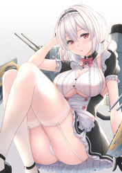 Rule 34 | 1girl, adapted costume, apron, ass, azur lane, black dress, black footwear, black hairband, blush, bow, bowtie, breasts, cleavage, cleavage cutout, clothing cutout, dress, gradient background, grey background, hair between eyes, hairband, heart cutout, highres, keikei (kitty colors), knees up, large breasts, leaning back, looking at viewer, low twintails, open mouth, panties, pink bow, puffy short sleeves, puffy sleeves, red eyes, rigging, short hair, short sleeves, short twintails, sirius (azur lane), sitting, solo, thighhighs, thighs, turret, twintails, underwear, white apron, white hair, white panties, white thighhighs