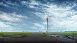 Rule 34 | artist name, building, city, cloud, commentary, day, field, guard rail, highres, horizon, landscape, light particles, no humans, original, power lines, railing, resolution mismatch, rice paddy, road, rural, scenery, sky, source smaller, street, tanaka ryosuke, utility pole, vanishing point, wallpaper