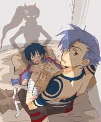 Rule 34 | 00s, 1girl, 2boys, :q, age difference, anger vein, angry, artist request, bad end, bandages, barefoot, blue hair, blush, brothers, caught, full body, futon, gattai, indoors, kamina (ttgl), legs up, looking at viewer, multiple boys, musical note, pants, pillow, red eyes, shadow, siblings, silhouette, simon (ttgl), tattoo, tengen toppa gurren lagann, tongue, tongue out, topless male, unworn pants, walk-in, yaoi, yoko littner