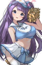 Rule 34 | 1girl, absurdres, bare shoulders, blue archive, blue eyes, blue hat, blue shirt, blush, bow, breasts, cheerleader, crop top, facial mark, hair ornament, halo, hanae (blue archive), hanae (cheer squad) (blue archive), hat, heart, heart halo, heart stickers, highres, holding, holding pom poms, large breasts, looking at viewer, midriff, miniskirt, navel, official alternate costume, official alternate hairstyle, open mouth, pink halo, pleated skirt, pom pom (cheerleading), pom poms, purple hair, sailor collar, sailor shirt, shirt, skirt, sleeveless, sleeveless shirt, solo, sticker on face, sweat, swept bangs, teruriu, two side up, very sweaty, visor cap, w arms, waist bow, white sailor collar, white skirt, x hair ornament